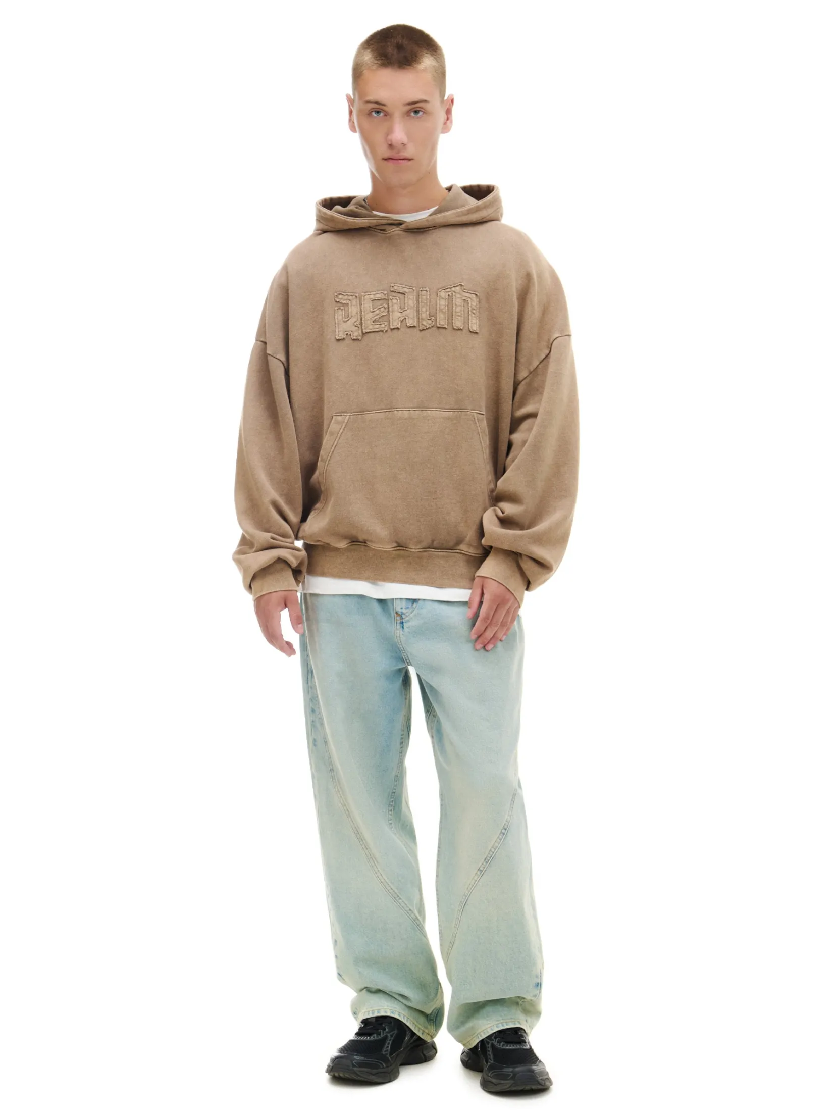 Outlet Beżowa bluza hoodie z efektem sprania Bluzy