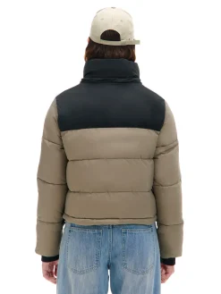 Outlet Beżowa kurtka puffer z czarnym karczkiem Kurtki, Płaszcze