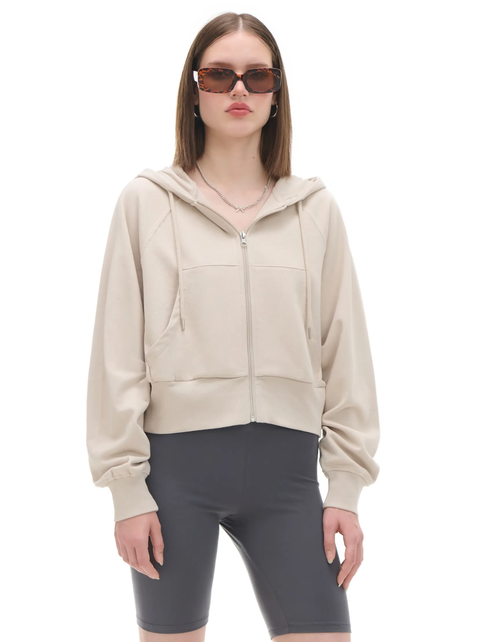 Outlet Beżowa rozpinana bluza z kapturem Bluzy