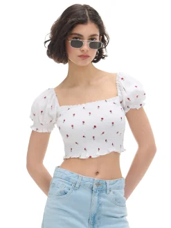 Best Biała bluzka crop top w kwiaty Koszule, Bluzki
