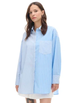 Sale Błękitna koszula oversize w pionowe paski Koszule, Bluzki