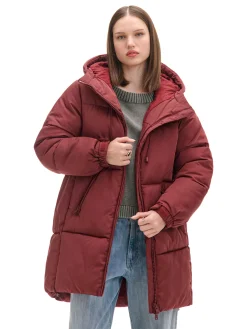 Discount Bordowy pikowany płaszcz z kapturem Kurtki, Płaszcze