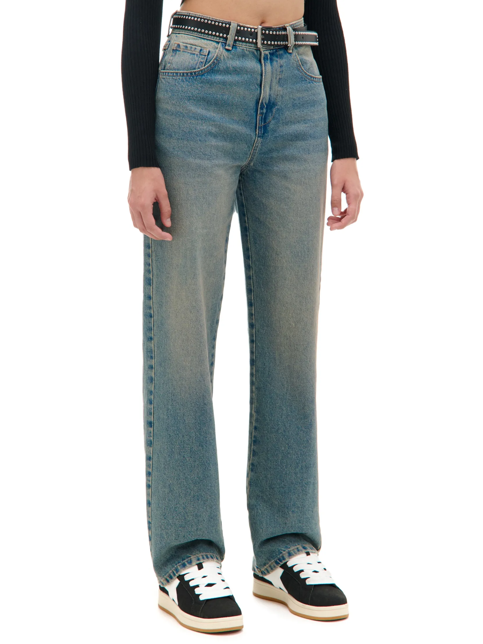 Sale Ciemnoe jeansy straight z efektem sprania Jeansy