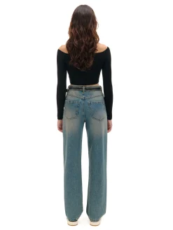 Sale Ciemnoe jeansy straight z efektem sprania Jeansy