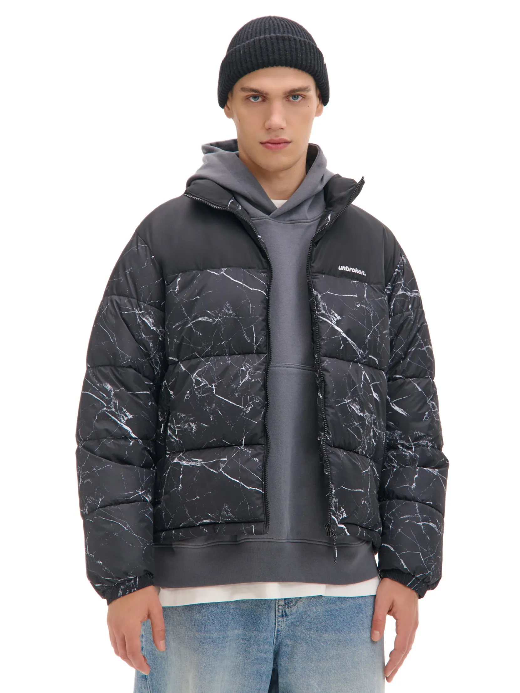 New Ciemnoszara kurtka puffer z nadrukiem Kurtki Zimowe|Kurtki, Płaszcze