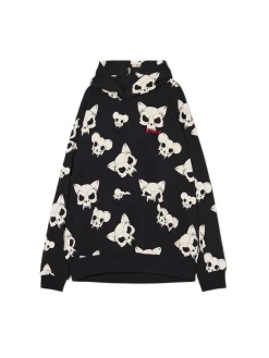 Fashion Czarna bluza z czaszkami kotów Bluzy