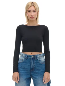 Sale Czarna bluzka longsleeve z wiskozą Koszulki, Topy