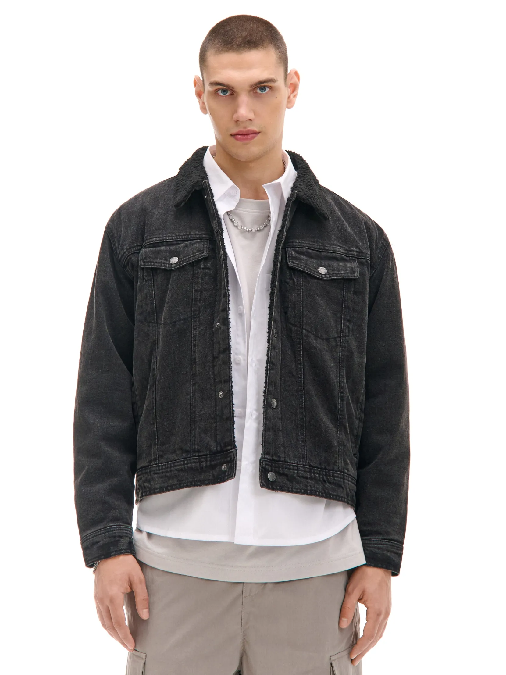 Hot Czarna jeansowa kurtka sherpa Kurtki, Płaszcze|Denim