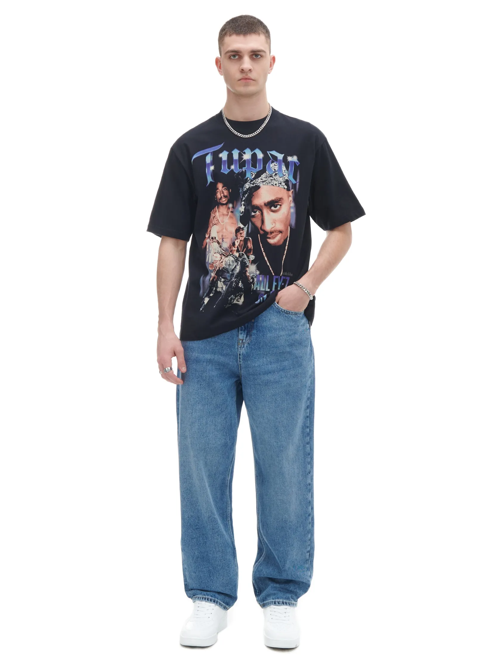Fashion Czarna koszulka z nadrukiem Tupac Koszulki