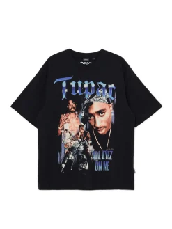Fashion Czarna koszulka z nadrukiem Tupac Koszulki