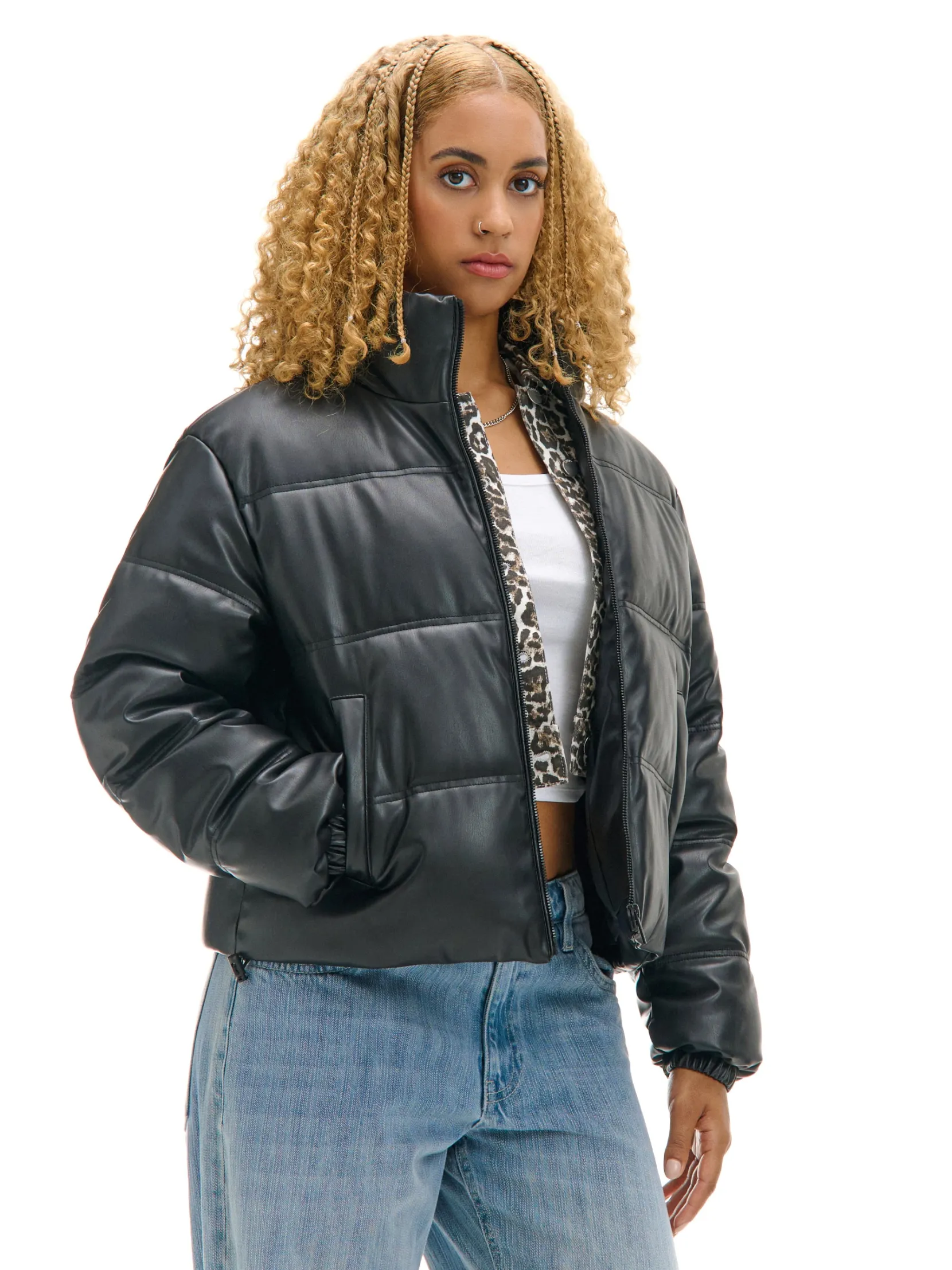Clearance Czarna kurtka puffer z efektem skóry Kurtki, Płaszcze
