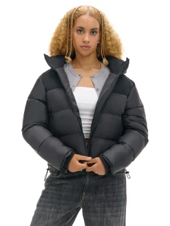 Outlet Czarna kurtka puffer z gładkim karczkiem Kurtki, Płaszcze