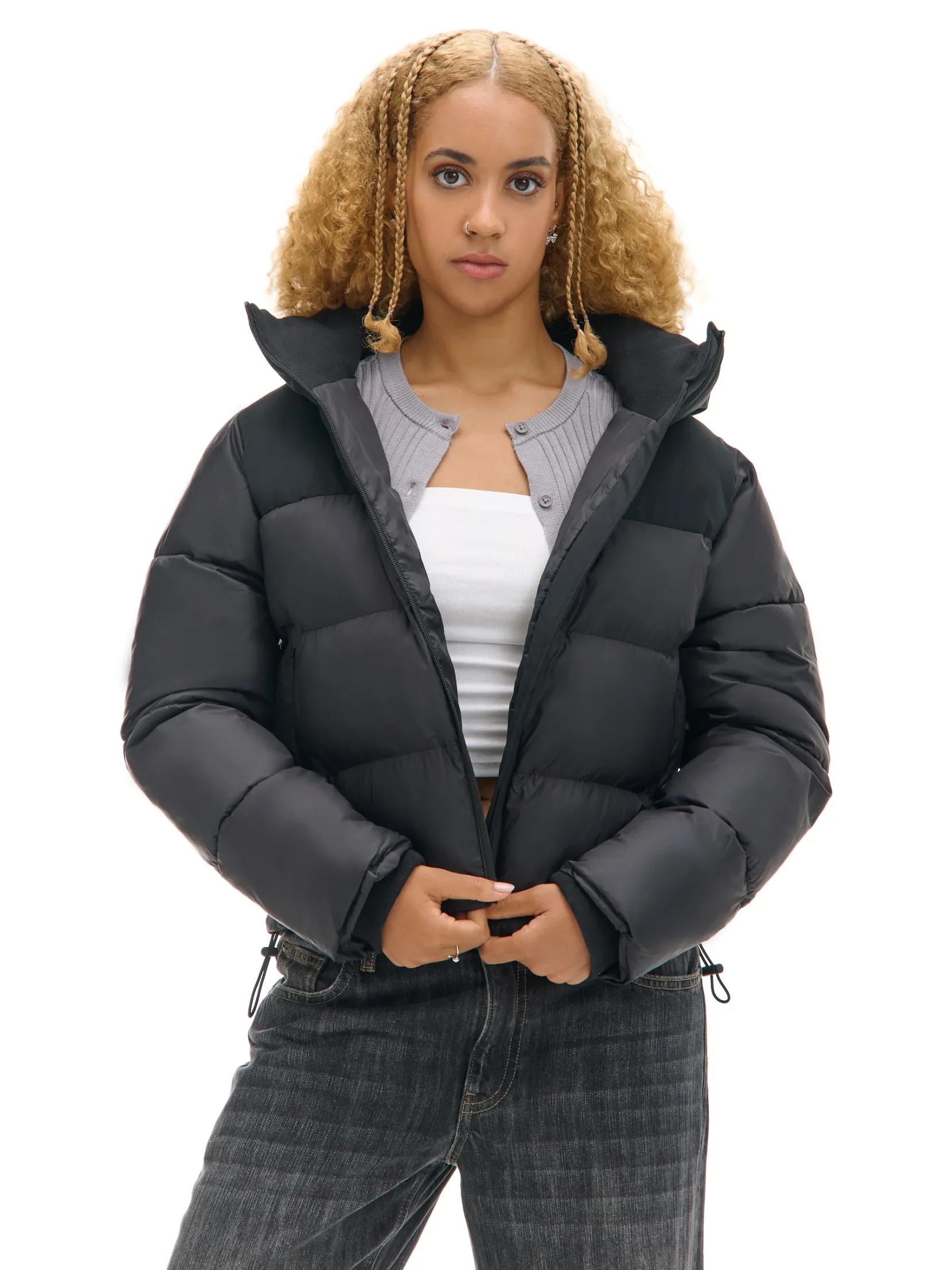 Outlet Czarna kurtka puffer z gładkim karczkiem Kurtki, Płaszcze