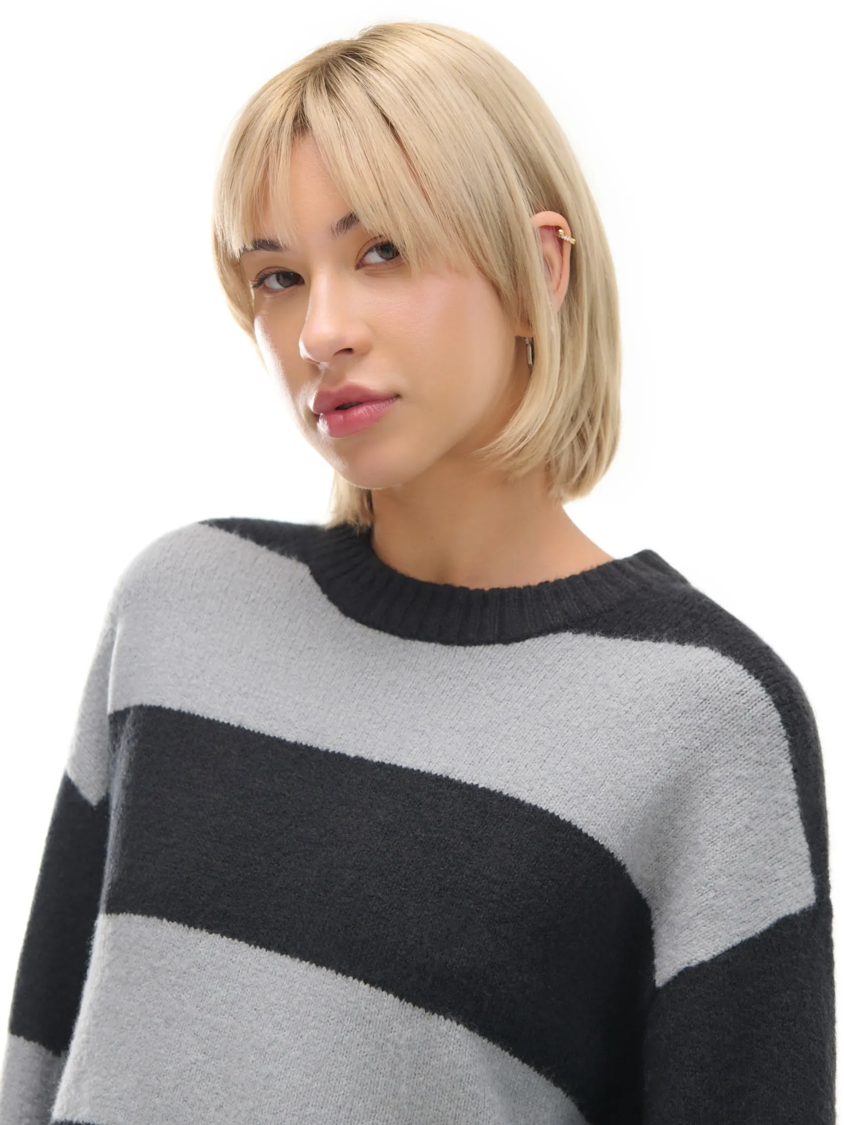 Fashion Czarno-szary sweter w paski Swetry