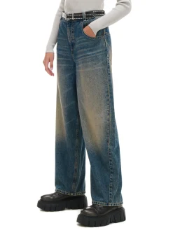 Outlet Granatowe jeansy skater z efektem sprania Jeansy