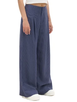 Discount Granatowe spodnie tailoring w paski Spodnie