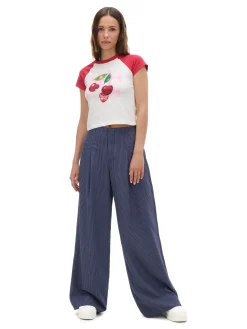 Discount Granatowe spodnie tailoring w paski Spodnie
