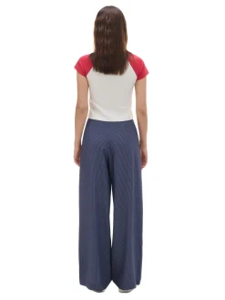 Discount Granatowe spodnie tailoring w paski Spodnie
