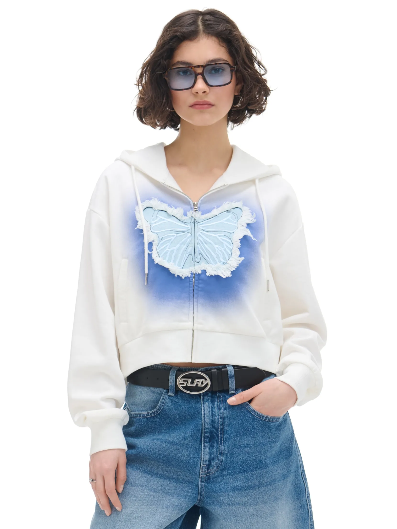 Sale Krótka biała bluza z motylem Bluzy