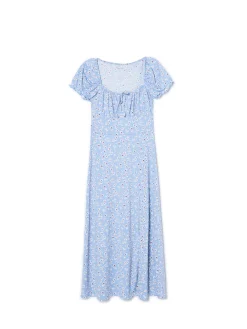 Fashion Niebieska sukienka midi w kwiaty Sukienki, Kombinezony
