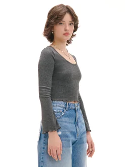 Hot Prążkowana szara koszulka longsleeve Koszulki, Topy