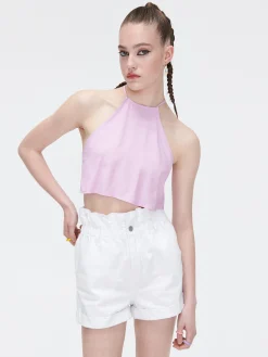 Best Różowy crop top z ozdobnym wiązaniem Koszule, Bluzki
