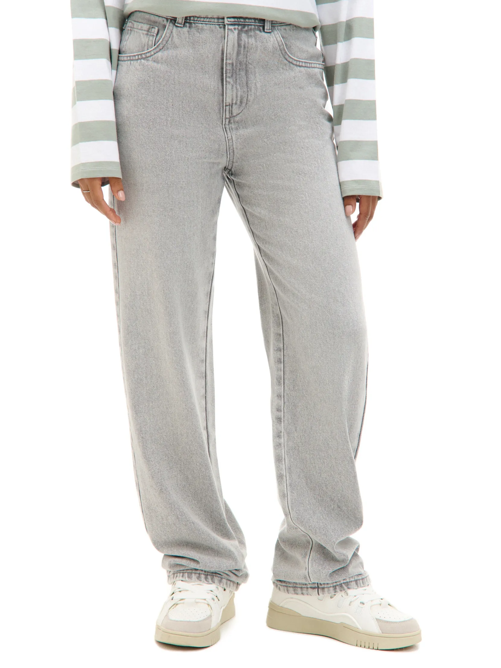 Fashion Szare jeansy straight z efektem sprania Jeansy