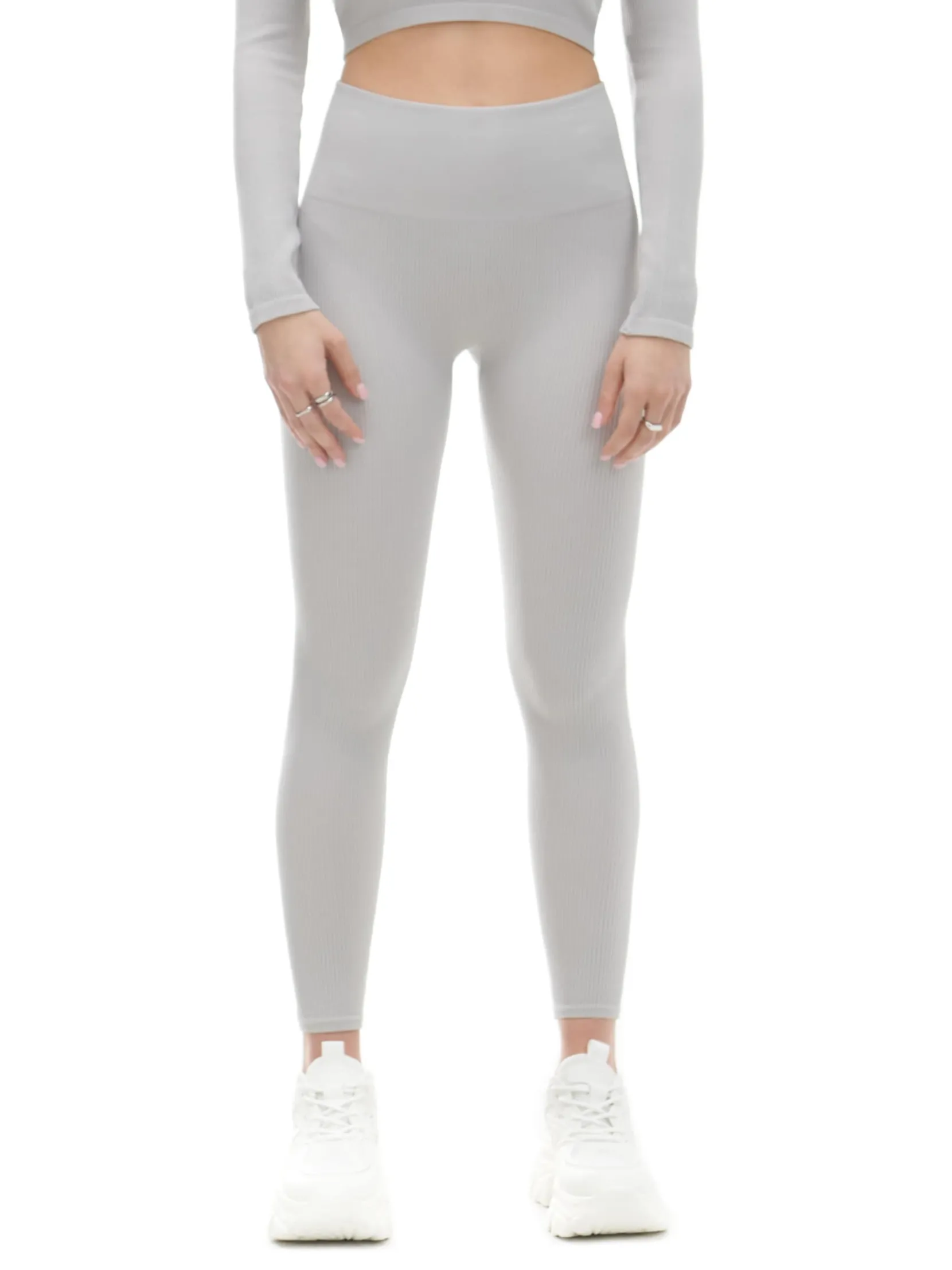 Discount Szare prążkowane legginsy Spodnie