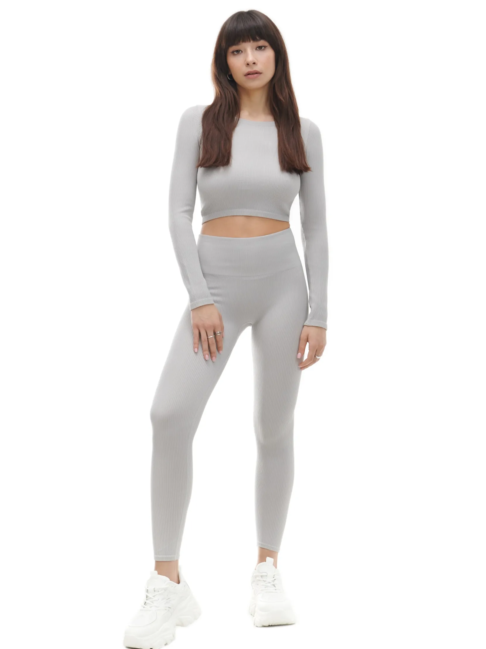 Discount Szare prążkowane legginsy Spodnie