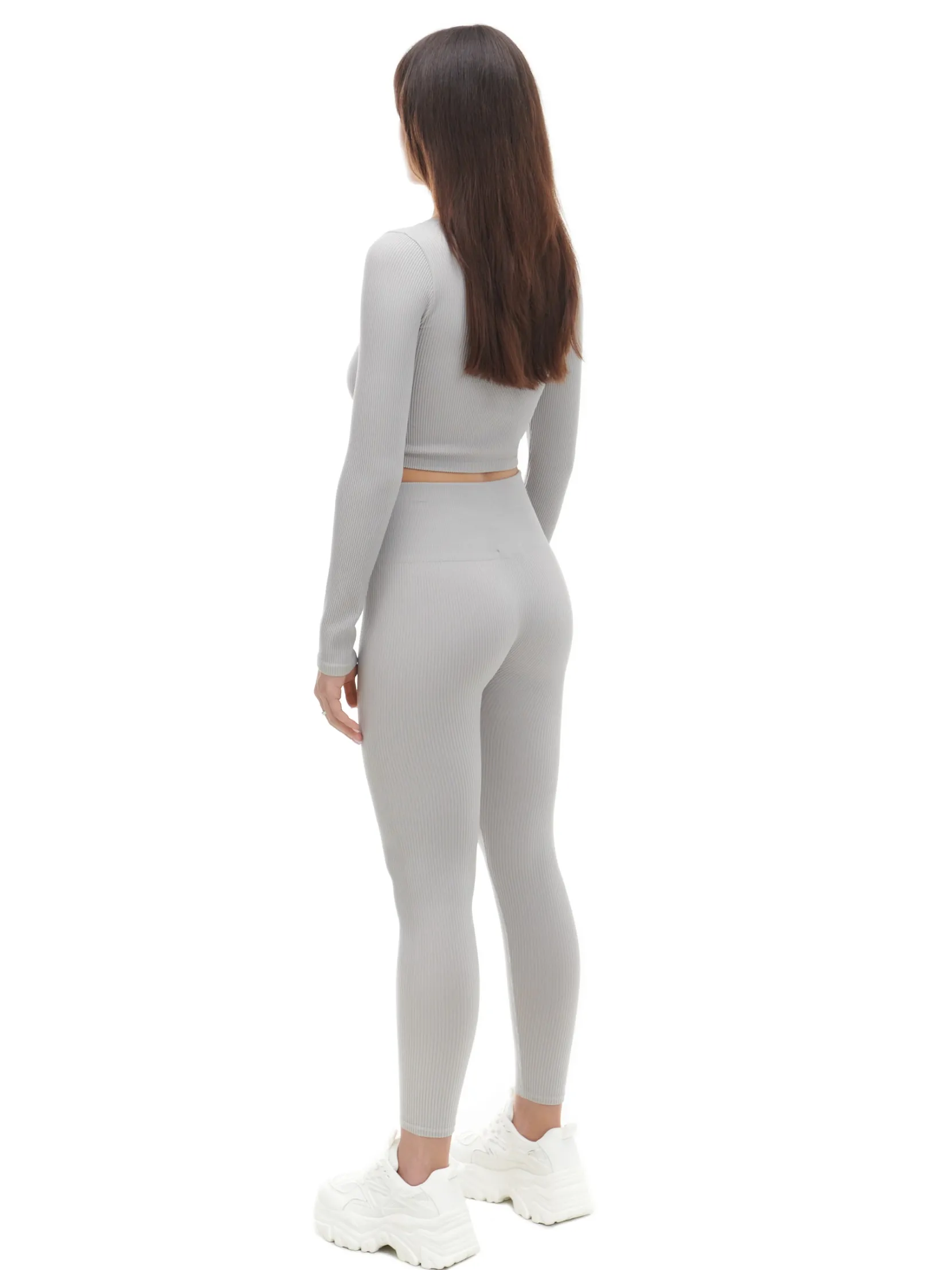 Discount Szare prążkowane legginsy Spodnie